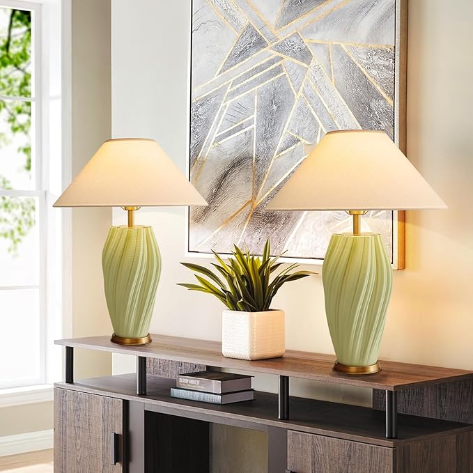 Modern E26 Ceramic Table Lamps 20.5", Sage Green Plug in Table Lamp Funky Decor for Living Room Desk End Bedroom Bedside Room Office - Bloomnest