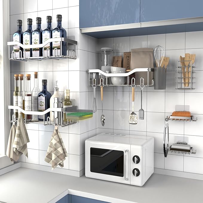 Shower Caddy Adhesive Shower Organizer 8-Pack, Rustproof Stainless Steel Bathroom Shelves, Large Capacity No-Drill Rack Storage Accessories with Soap Dish Toothbrush Holder Hooks - Bloomnest