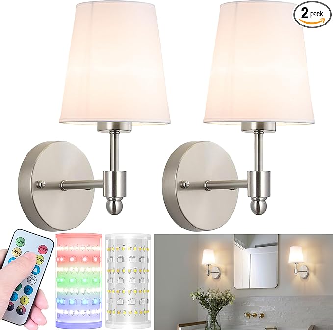 Battery Operated Wall Sconces Set Of 2, Wireless Battery Wall Light With 10000mAh RGB Rechargeable Magnetic Bulb, Rechargeable Wall Sconce With Remote Control For Bedroom, No Electrician Required - Bloomnest