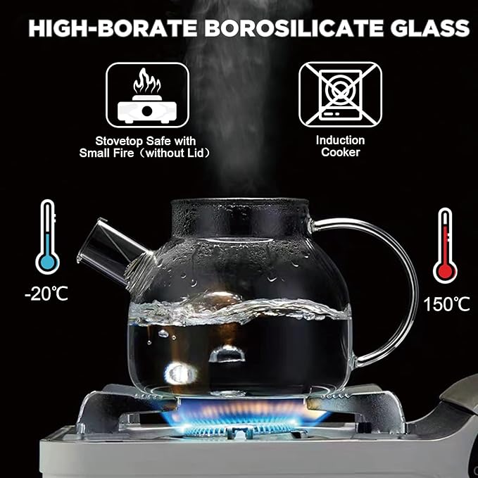 Glass Tea Pot Kettles Stovetop Safe, 33.8oz/1000ml Heatproof Borosilicate Glass Teapot Water Pitcher With Bamboo Lid and Removable Filter Spout for Loose Leaf and Blooming Tea - Bloomnest