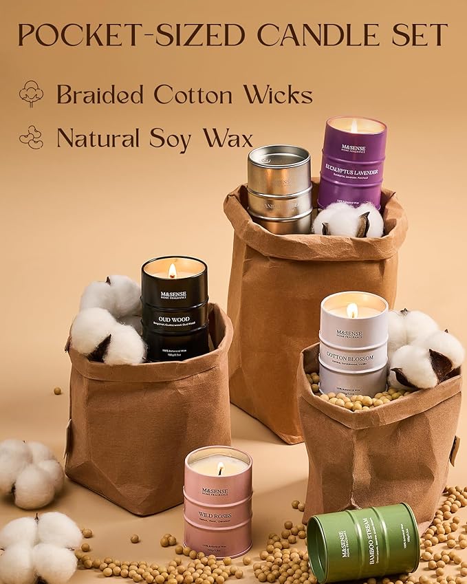 Fall Candle Gift Set | Mini Scented Candles Set | 6 Pack Candles for Home Scented,Oud Wood,Cotton Blossom,Vanilla Amber,Bamboo Rose Lavender Candle,Gift Set for Women and Men,Soy Wax 21 oz 105 Hour - Bloomnest
