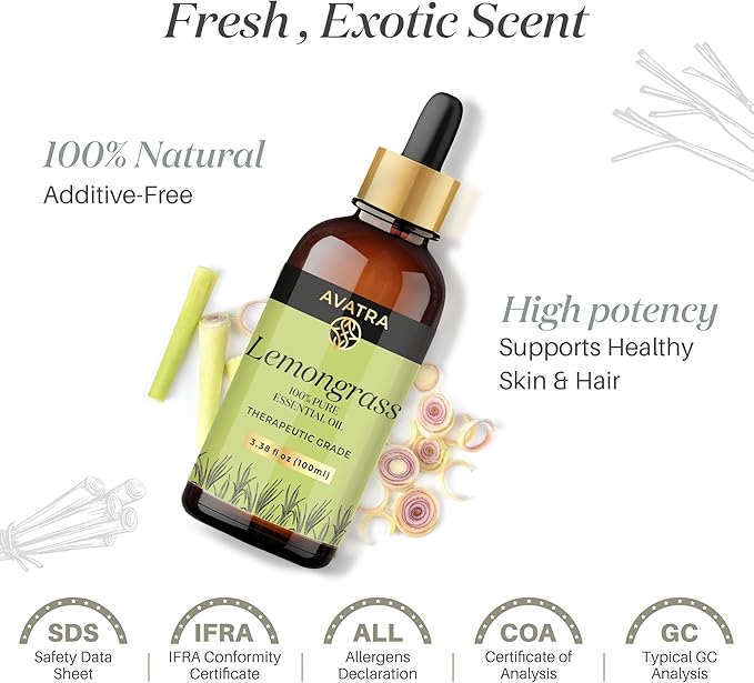 Avatra Lemongrass Essential Oil 100ML (3.38 OZ) with Glass Dropper and Travel Bottle, Pure and Natural Therapeutic Grade Lemongrass Oil for Diffuser, Aromatherapy, Massage, and DIY Candle Products - Bloomnest