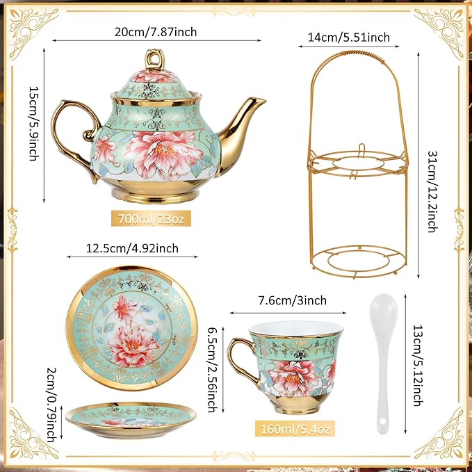 Zhehao 20 Pcs Porcelain Tea Set with Metal Holder and Spoon Adult Ceramic Tea Set European Flower Painting Teapot Cup Saucer Spoon for Women, Large Version(Fresh Style) - Bloomnest