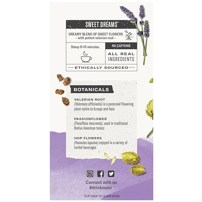 Numi Organic Tea Sweet Slumber with Chamomile, Valerian Root & Lavender, 16 Count Box of Tea Bags (Pack of 3) Herbal Teasan (Packaging May Vary) - Bloomnest