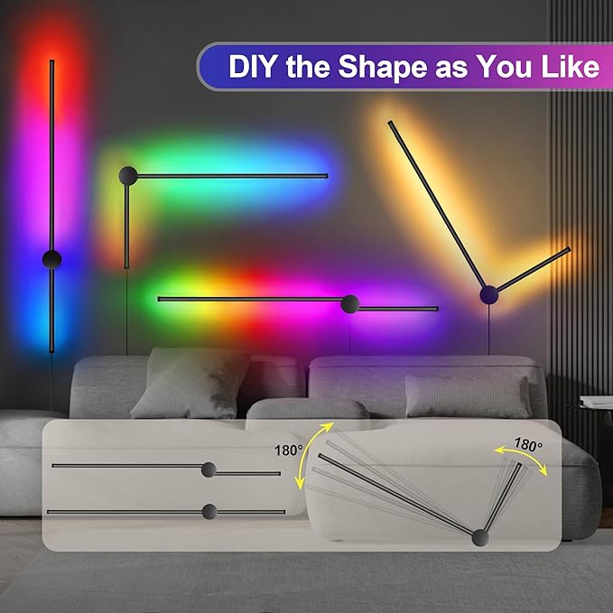 RGB LED Wall Sconces Set of Two with Remote, 15 Color Modes, Dimming, DIY 180° Rotate, Black Plug in Wall Sconces with Warm Light, Dynamic Multicolor Ambience Lights, Plug in Wall Light, 39.4 Inches - Bloomnest