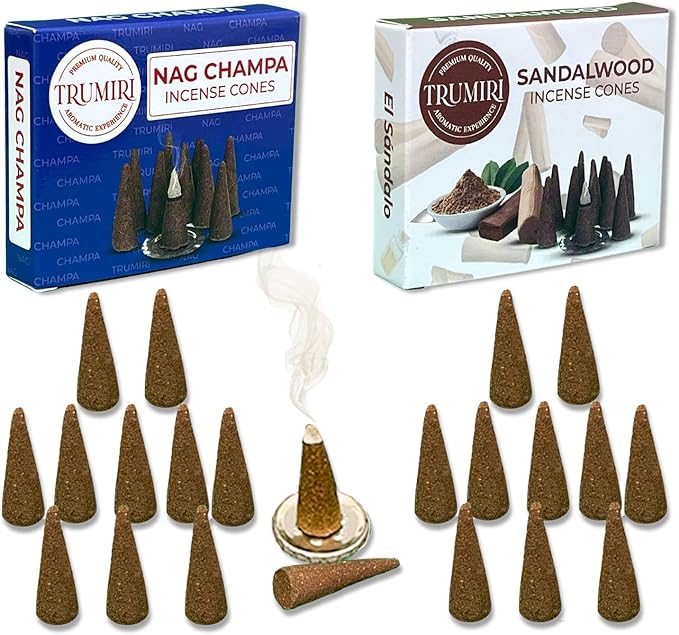 TRUMIRI Incense Cones - Combo Pack of 20 Cone Incense - 10 Nag Champa + 10 Sandalwood - Insence Cones - Incense Cones Scented - Cone Incense Scents - Insense Cones - Incent Cone TRUMIRI