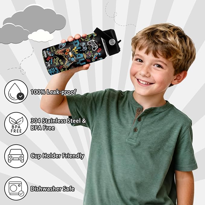 Gaming Gifts for Gamer Boys, 16oz Game Water Bottle for Kids, Gaming Controller Insulated Stainless Steel Tumbler, Birthday Gifts for Gamer Boys Kids Teen Adults Gamings Cup - Bloomnest