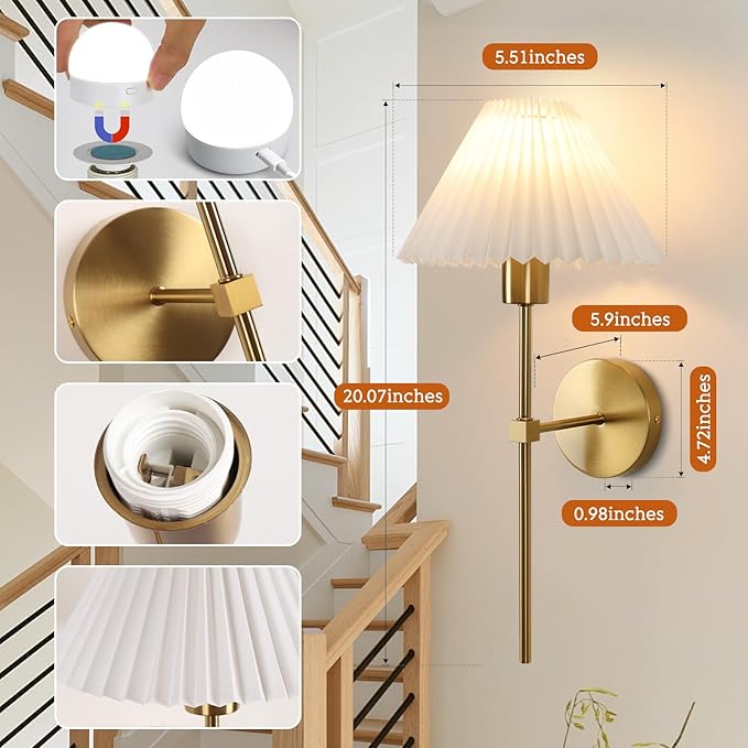 Wireless Wall Sconce Sets of 2, Pleated Shades Rechargeable Battery Operated Wall Sconce, Retro Industrial Gold Wall Lights Bathroom Vanity Sconces, Wall Mounted Lamps for Bedroom Living Room Kitchen - Bloomnest