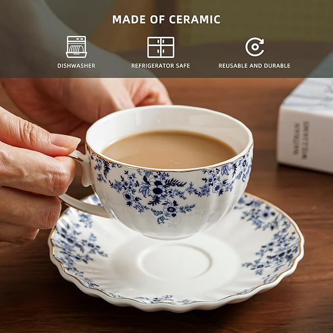 ceramic tea cups and saucers 6oz,floral tea cups for Coffee, Latte, Cafe Mocha and Tea (Little Blue Flowers) - Bloomnest