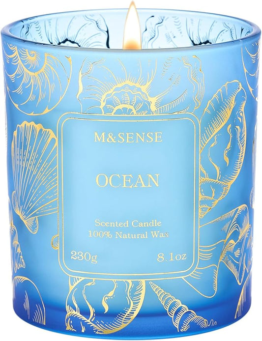 M&SENSE Ocean Scented Candles,Vegan Soy Candles,8.1oz 42-Hour Slow Burning Time,No Toxin Subtle Scented Home Fragrance for Summer Bathtub Aromatherapy Calming,Gifts for Women & Men - Bloomnest