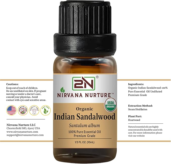 Indian Sandalwood Essential Oil, USDA Certified Organic, 100% Pure Undiluted, Aromatherapy Oil for Diffuser, Hair & Skin Care NirvanaNurture