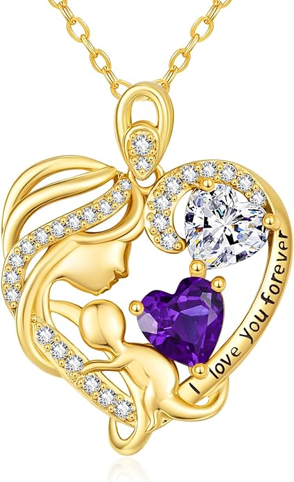 14K Gold Double Birthstone Heart Necklace for Women Mom, Mother Son/Daughter Pendant Necklace for Christmas Mother's Day Birthday Gifts for Wife Daughter Grandmom - Bloomnest