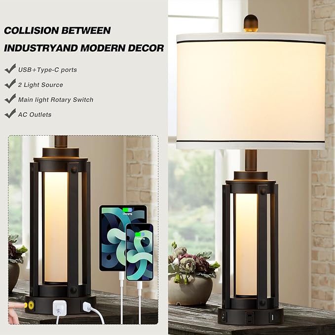 Industrial Table Lamps Set of 2, Modern Beside Lamp with USB A+C Charging Ports & AC Outlet, Rustic Nightstand Lamp with LED Night Light for Living Room Bedroom End Table Entryway Black Bulbs Included - Bloomnest