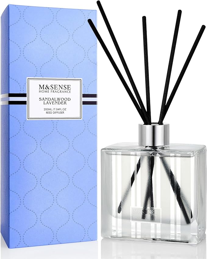 M&SENSE Sandalwood Lavender Reed Diffuser Set - 7.04oz Non-Toxic Essential Oil Diffusers with Sticks, Holiday Aromatherapy Diffusers for Bedroom & Bathroom & Shelf Decor MSENSE