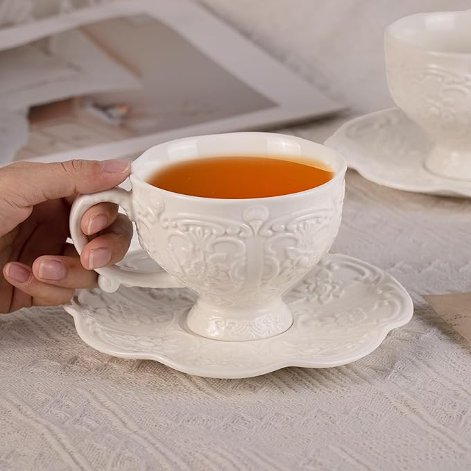 KAMMAK Tea Cups and Saucers Set of 2, Porcelain Coffee Cups, 7.8-Ounce Stackable Espresso Mugs, Ceramic Demitasse for Coffee, Latte, Americano, Tea, Britney - Bloomnest