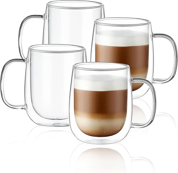 CNGLASS Glass Coffee Mugs 12oz,Double Wall Insulated Mug Set with Handle,Clear Glass Espresso Mugs for Latte,Cappuccino,Tea Bag,Hot and Cold Beverages,Set of 4 - Bloomnest