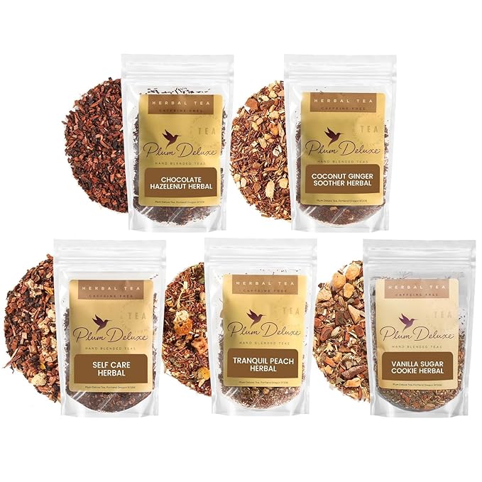 Herbal Tea Sampler – 5 Caffeine-Free Loose Leaf Blends for Sleep and Relaxation, Fruity and Dessert-Inspired Flavors, 75 to 100 Cups – Handcrafted in USA – Plum Deluxe - Bloomnest