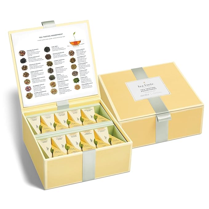 Tea Forte Tea Tasting Assortment Premium Tea Chest Gift Sampler, 40 Count, 2 of each Variety Blend Individually Wrapped Handcrafted Pyramid Infuser Bags - Bloomnest