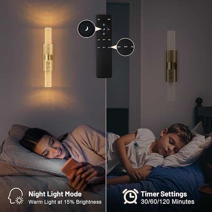 Gold Battery Operated Wall Sconce Set of Two,Rechargeable Wireless Wall Lights with Remote Control,350°Rotate,3000K/4000K/6000K,Dimmable,Timer,for Bedroom,Living Room,Hallway,15.3 Inch - Bloomnest