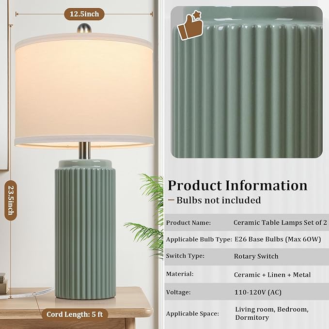 TOBUSA 23.5’’ Modern Green Ceramic Table Lamps Set of 2 for Living Room, Farmhouse Ceramic Bedside Nightstand Lamps for Bedroom, Vintage Decorative Boho Lamps for Home End Table Dorm Office - Bloomnest