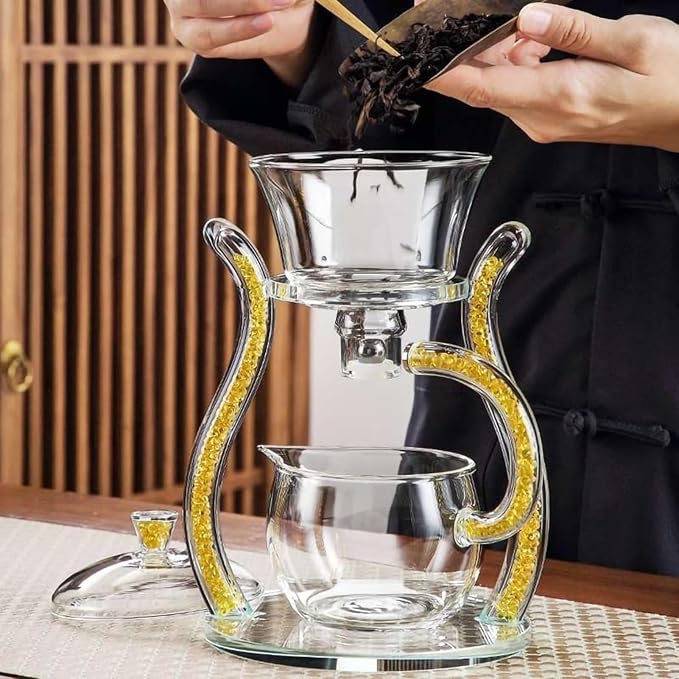Magnetic Teapot Lazy Kung Fu Glass Semi Automatic Tea Set Household Transparent Tea Set Magnetic Induction Automatic Brewing Teapot Brewer (Yellow) - Bloomnest