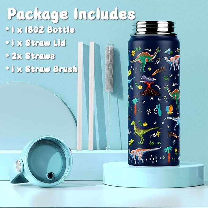 18oz Kids Insulated Water Bottle with Straw Lid - 18/8 Stainless Steel Kid Cup BPA-FREE Travel Tumbler Double Wall Vacuum Leak Proof Portable Toddler Water Bottle (Dinosaur) - Bloomnest