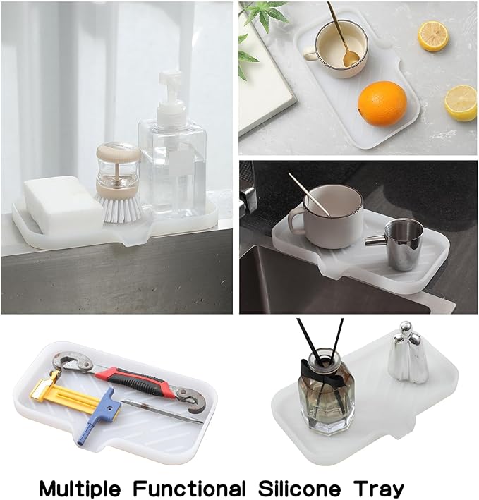 Silicone Bathroom Soap Dishes with Drain Spout-Bathroom and Kitchen Sink Organizer,Sponge Holder,Dish Soap Tray,Perfect for Dispenser,Scrubber,Bottle,Cup on Counter Translucent 9.6"×5.3" - Bloomnest