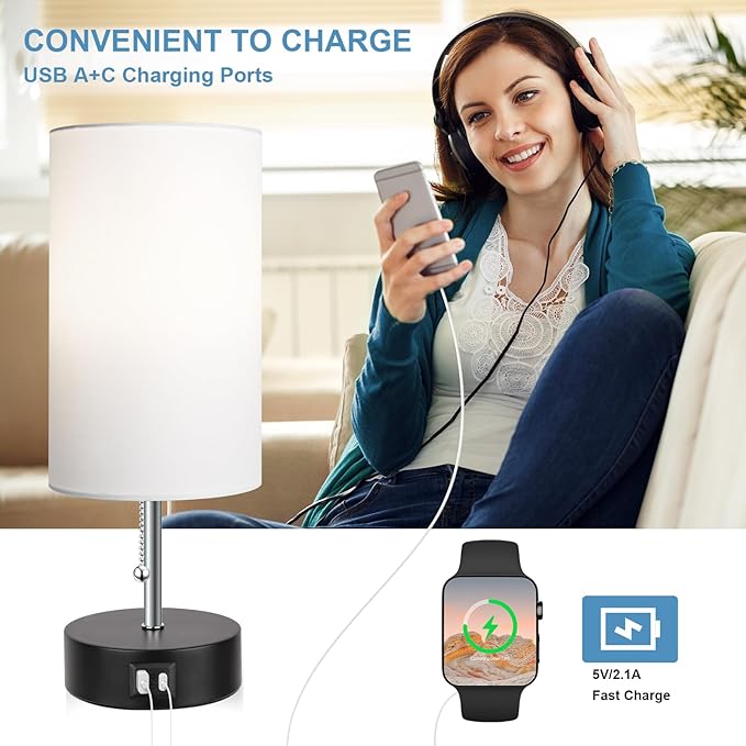 ROTTOGOON 3-Color Temperature Bedside Lamp Nightstand Lamp with USB A Port and C Port, Table Lamp for Bedroom with LED Bulb Small Lamps for Living Room (White) - Bloomnest
