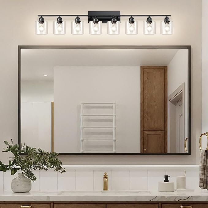 Modern 8 Light 52 inch Vanity Lights for Bathroom with Clear Glass, Black Bathroom Light Fixture for Mirror Kitchen Living Room Hallway Cabinet Porch - Bloomnest