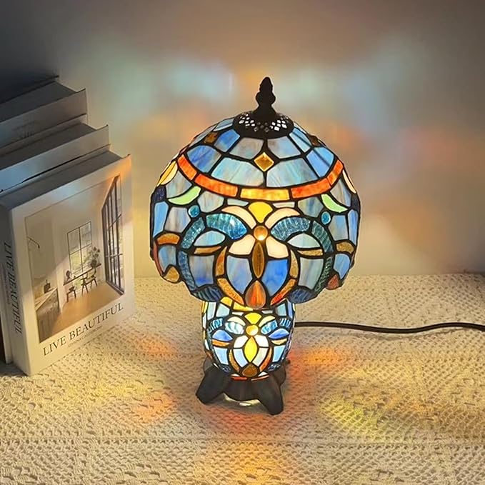 Small Tiffany Lamp Stained Glass Table Lamp Mini Mother Daughter Vase Desk Accent Night Light for Bedroom Bedside Reading Home Antique Style 8X14 Inches (Blue Purple) - Bloomnest