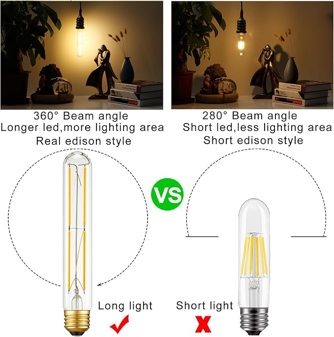 Arberlic 7.3 Inch T10 LED Bulb,6W Tubular Light Bulb Equivalent E26 led Bulb 60 watt dimmable,Warm White 2700K,600lm,CRI85+,AC120V,Clear Glass Long E26 Edison Bulb,Flicker-Free,Pack of 6 - Bloomnest