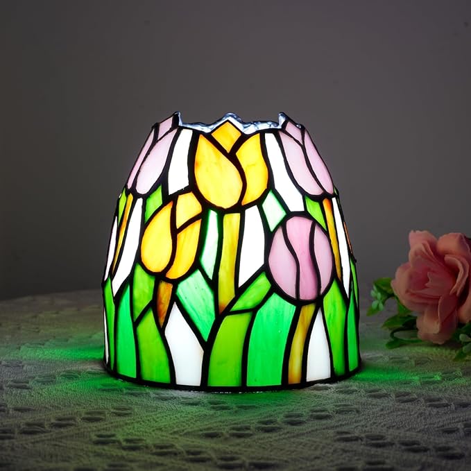 Tiffany Lamp Pink Yellow Tulips Small Stained Glass Table Light Retro Unique Nightstand Bedside Light for Home Decor Bedroom Living Room Boys Girls Christmas Gifts - Bloomnest