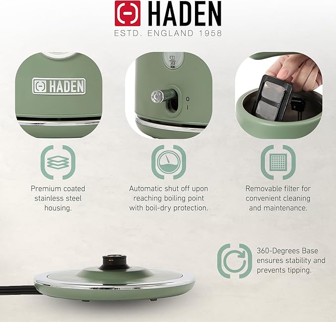 Haden Dorset 1.7 Liter Stainless Steel Electric Kettle, Hot Water Kettle with 360-Degree Base and Auto Shutoff, Cedar Green & Chrome - Bloomnest