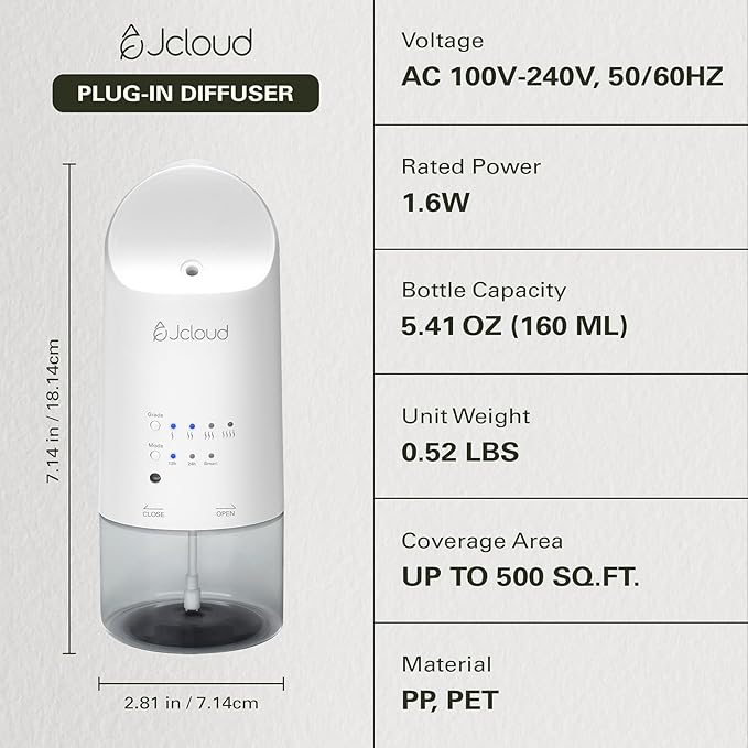 JCLOUD 2025 Plug in Diffuser for Essential Oils, Waterless Scent Diffuser Cover Up to 500 Sq. Ft. for Home, Office, Spa – Portable Smart Wall Diffuser 160ML, White - Bloomnest