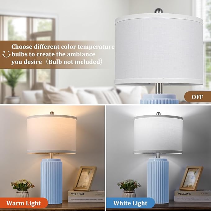 23.5’’ Sky Blue Farmhouse Table Lamps for Living Room Set of 2, Modern Elegant Ceramic Bedside Nightstand Lamps with White Linen Shade for Bedroom, Coastal Lamps Set for Study Home Office - Bloomnest