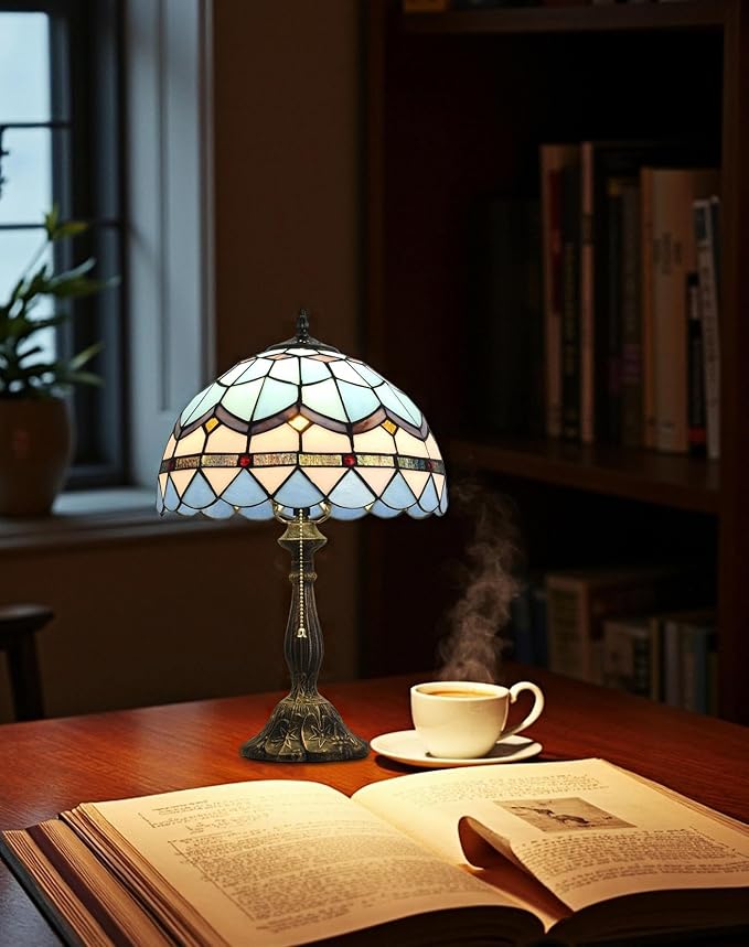 Tiffany Table Lamp, 12-inch Mediterranean Blue Style, Stained Glass Lamp for Living Room, Dining Room, Bedroom, Study Room, Office - Bloomnest