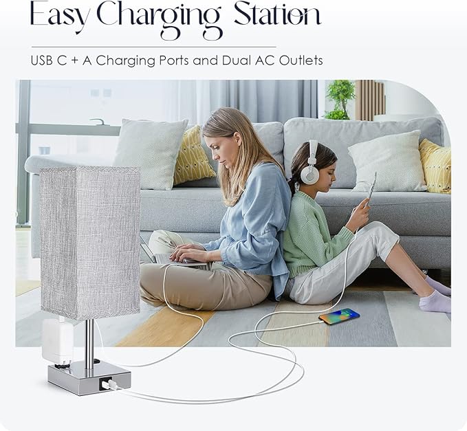 Bedside Lamp with USB Ports - Touch Control Table Lamp for Bedroom with USB C+A Charging Ports & AC Outlets, 3 Way Dimmable Nightstand Light for Living Room (LED Bulb Included, Chrome - Grey) - Bloomnest