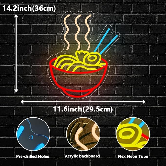 Ramen Neon Sign, Japanese Anime Led Neon Lights for Wall Decor Noodle Neon Signs for Restaurant Ramen Shop Store Kitchen Home Dinning Room USB Powered(14.2"*11.6") - Bloomnest