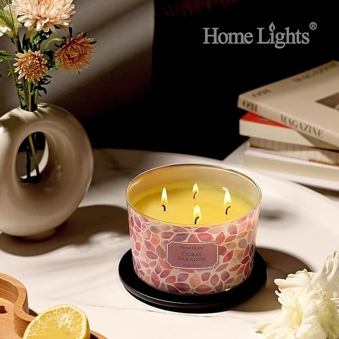 HomeLights Coral Paradise Scented Candles | 18oz Soy Candles Bohemian Natural Textures 4-Wick Large Candle Jars | Ideal Candle Gifts for Events, Home Decor Stress, Relief & Relaxation - Bloomnest