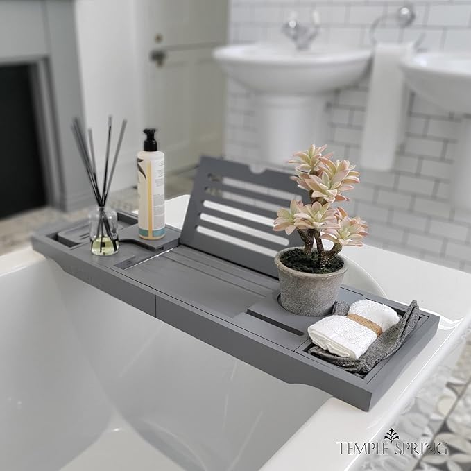 Temple Spring Wooden Bathtub Tray, Bamboo Bathroom Accessories, Bath Tray for Tub, at Home Spa Essentials, Board for Tub Table, Bath Caddy for Bathtub Accessories & Bathroom Essentials – Slate Grey - Bloomnest