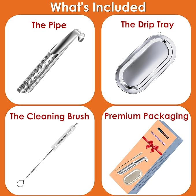 304 Food-grade Stainless Steel Tea Infusers for Loose Leaf Tea and Herbs - Reusable Fine Mesh Metal Long-Handled Tea Strainers with Hanging Hook, Brush and Drip Tray for Single Cup Brewing