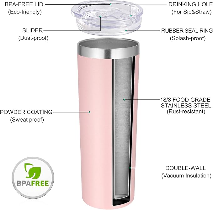 VEGOND Stainless Steel Tumblers Bulk 12 Pack, 20 oz Vacuum Insulated Skinny Tumblers with Lid and Straw, Double Wall Coffee Mug, Travel Water Cup, Light Pink - Bloomnest