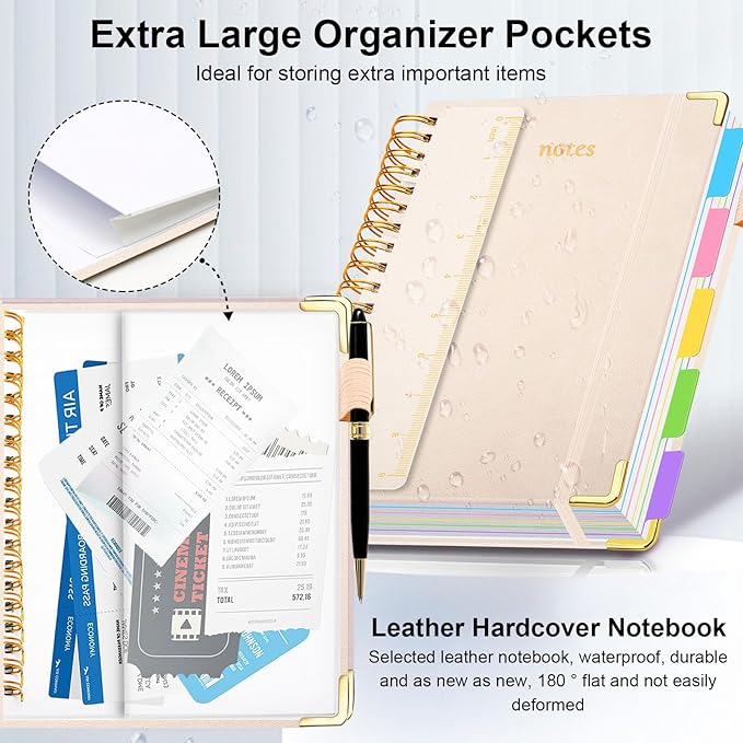 Hardcover Spiral Notebook 5.7"x 8.2" Journal Notebook with Tabs and Removable Dividers 300 Pages 5 Subject Notebook College Ruled, Faux Leather Spiral Bound Notebook for Women School Work(White) - Bloomnest
