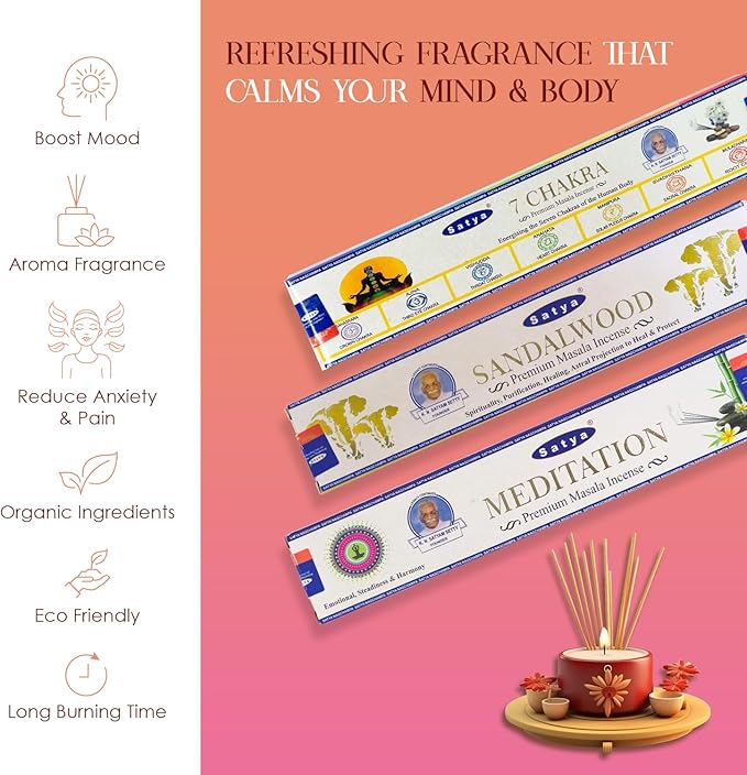 satya Incense Sticks - 12 Boxes | 7 Chakra White Sage Sandalwood Meditation Jasmine Yoga Palo Santo Rose Patchouli Nag Champa Lavender Superhit - 140+ Natural Incienso | 45+min Burn Variety Pack KRAFTANGLE