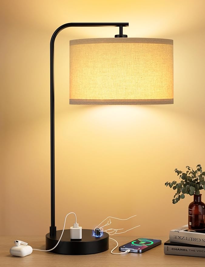 Tall Table Lamp with USB Port and Outlet, Dimmable Nightstand Bedside Lamps with Linen Lampshade, Desk Lamp for Bedroom, Living Room, Guest Room, Home Office, LED Bulb Included - Bloomnest