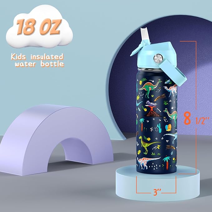 18oz Kids Insulated Water Bottle with Straw Lid - 18/8 Stainless Steel Kid Cup BPA-FREE Travel Tumbler Double Wall Vacuum Leak Proof Portable Toddler Water Bottle (Dinosaur) - Bloomnest