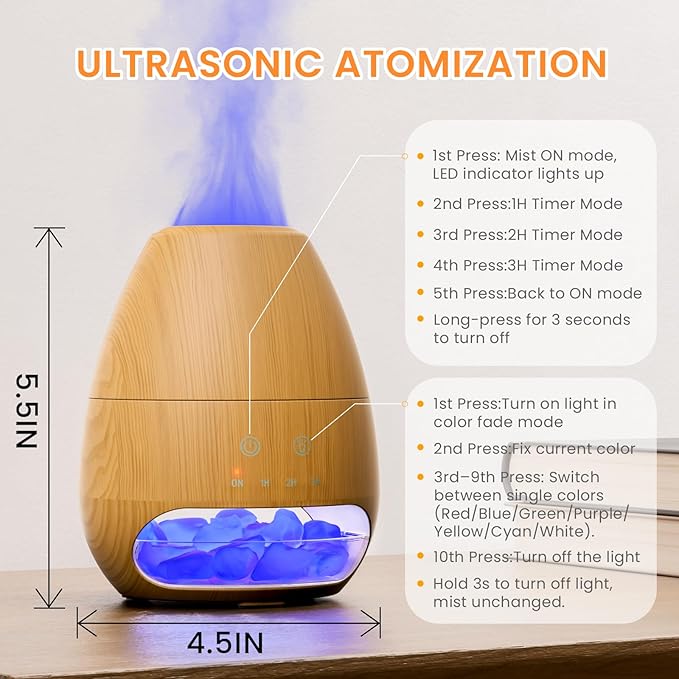 Ultrasonic Essential Oil Diffuser with Himalayan Salt Rock,Flame Diffuser with 7 LED Light,100ML Small Aromatherapy Oil Diffuser with Auto Off Function for Home, Office,Spa,Wooden Grain - Bloomnest