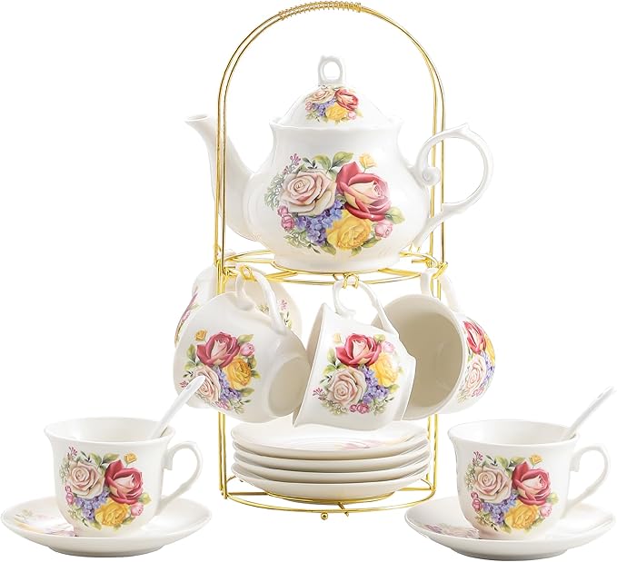 20-Pieces Porcelain Bone china Tea Sets,Gold Rim Coffee Set with Golden Metal Rack,Tea Gift Sets for Home&Party (006) - Bloomnest
