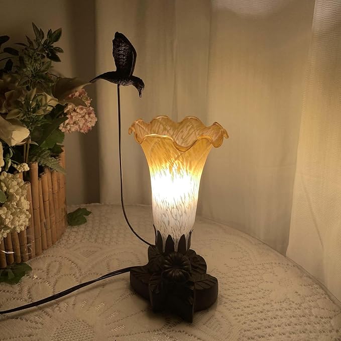 Bieye LL07 Hummingbird Flying Over Lily Flower Blown Glass Table Lamp for Home Decor (White Yellow, 4.25Wx12H)