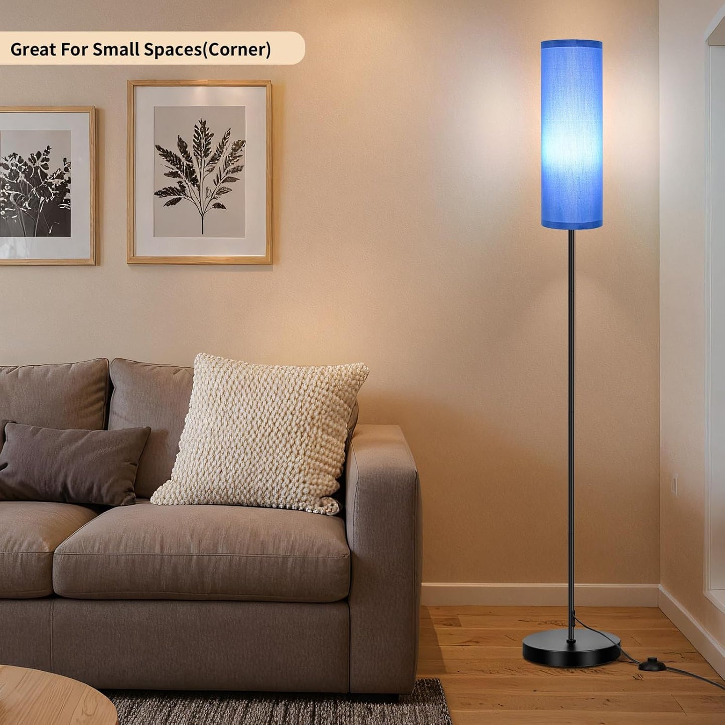 FRIDEKO HOME Floor Lamp with Blue Shade, Simple Design with Foot Pedal Switch, Small Tall Lamps for Living Room Bedroom Office, Corner Floor Stand Light with Black Pole Lamp (No Bulb/No Remote)